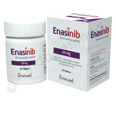 Enasitinib medication packaging and bottle